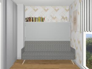 Cama abatible horizontal con sofá nórdico de 135 fondo 43 cm.