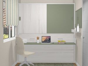 Cama abatible horizontal con armario de puertas correderas y escritorio alto 220 cm.