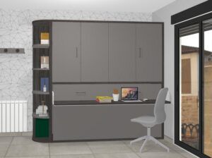 Cama abatible horizontal con armario de puertas plegables y escritorio alto 220 cm.