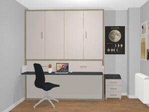 Cama abatible horizontal con armario de puertas plegables y escritorio alto 240 cm.