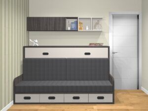 Cama abatible horizontal con sofá 4 cajones para colchones de 90 y 105 fondo cerrada 57,5 cm. AUTOPORTANTE