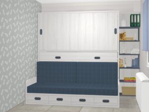 Cama abatible horizontal con sofá 4 cajones y armario 2 puertas correderas. Alto 220 cm. AUTOPORTANTE