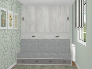 Cama abatible horizontal con sofá 4 cajones y armario 2 puertas correderas. Alto 240 cm. AUTOPORTANTE