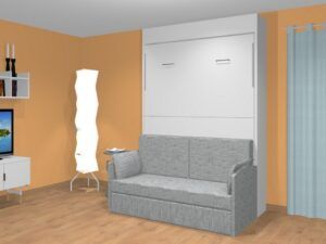 Cama abatible vertical con sofá canapé. Fondo cerrada 42 cm. Alto 240 cm.