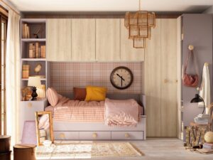 Dormitorio juvenil con mucho almacenaje en habitación pequeña