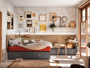 Dormitorio juvenil con cama para colchón de 150 y nido debajo