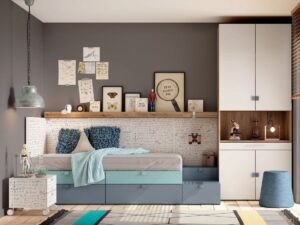 Juvenil con Cama Modular y Armario con Mesa Extraible