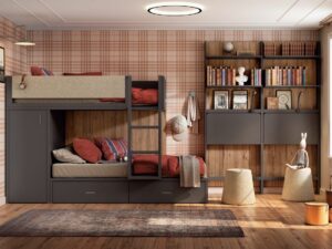 Habitación Juvenil Moderna con Cama Tren y Estanterías con Escritorios Abatibles