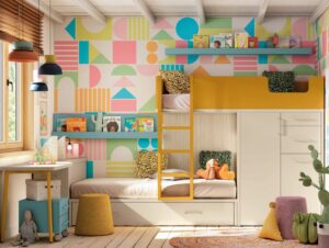 Dormitorio Infantil con Cama Tren y Dos Escritorios