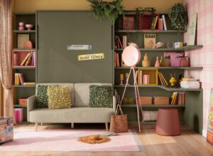 Habitación Juvenil con Cama Abatible Vertical con Sofá y Estanterías