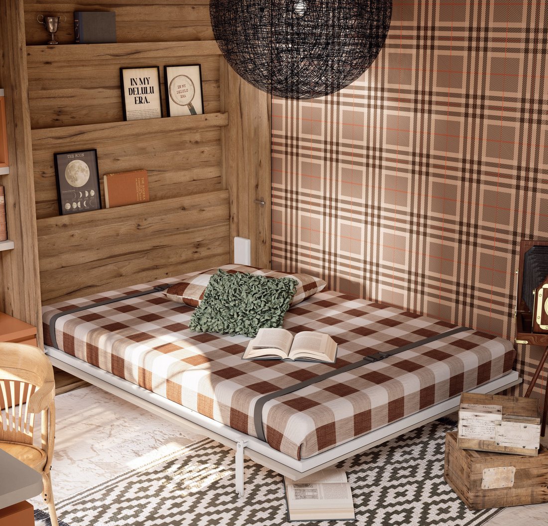 Dormitorio Juvenil Con Cama Abatible Vertical, Estantería y Mesa de Estudio - Imagen 3