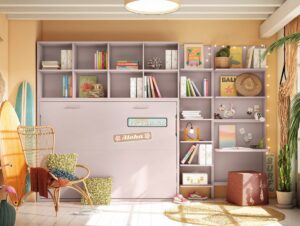 Dormitorio Juvenil Con Cama Abatible Horizontal y Estantería