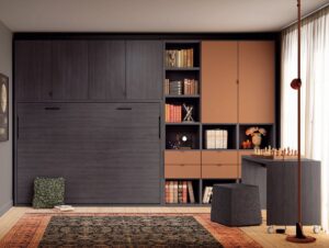 Habitación Juvenil con Cama Abatible, Estanterías y Mesa de Estudio con Ruedas
