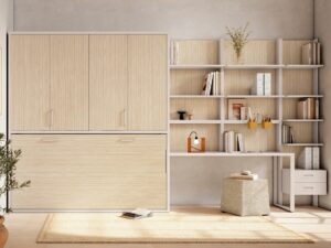 Habitación Juvenil con Cama Abatible, Armario y Estantería con Escritorio