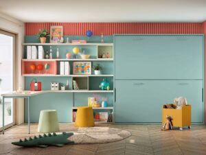 Habitación Juvenil con Litera Abatible, Estanterías y Escritorio