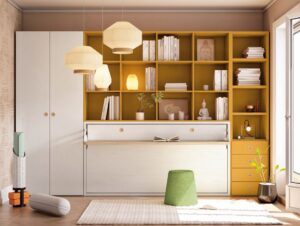 Habitación Juvenil con Cama Abatible, Mesa, Estanterías y Armario