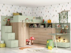 Dormitorio Infantil con Litera y Cama Abatible en Escuadra