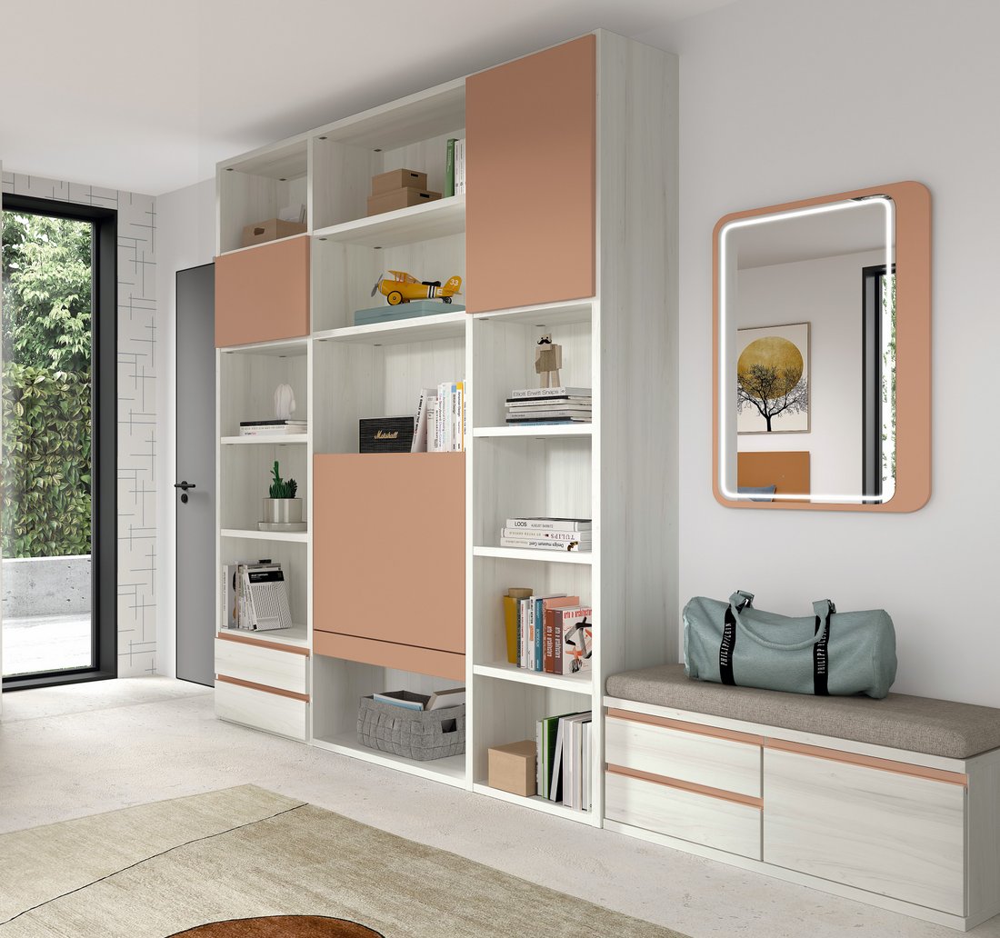 Home Office con librería, escritorio abatible y banco de almacenaje