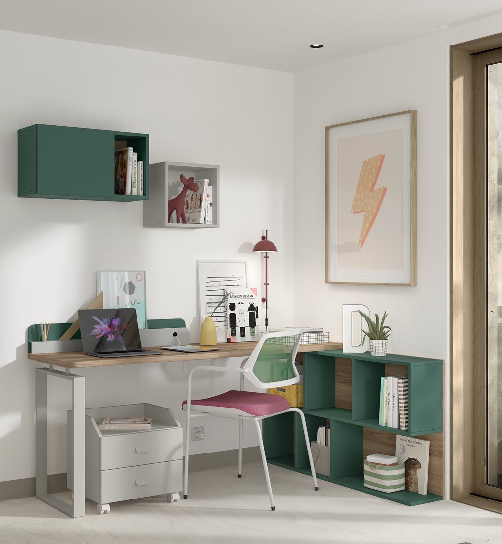 Zona de estudio evolutiva con escritorio, cajonera móvil y librería