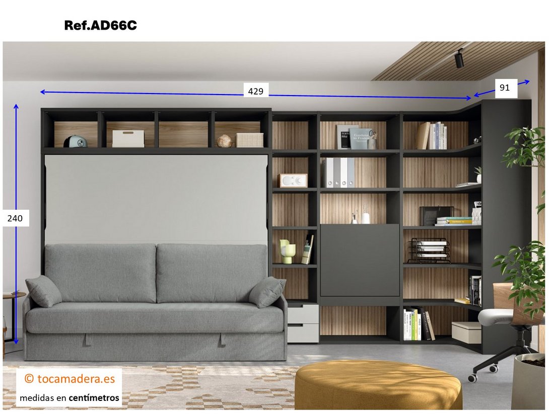 Medidas de la habitación de invitados con cama abatible, sofá y librería