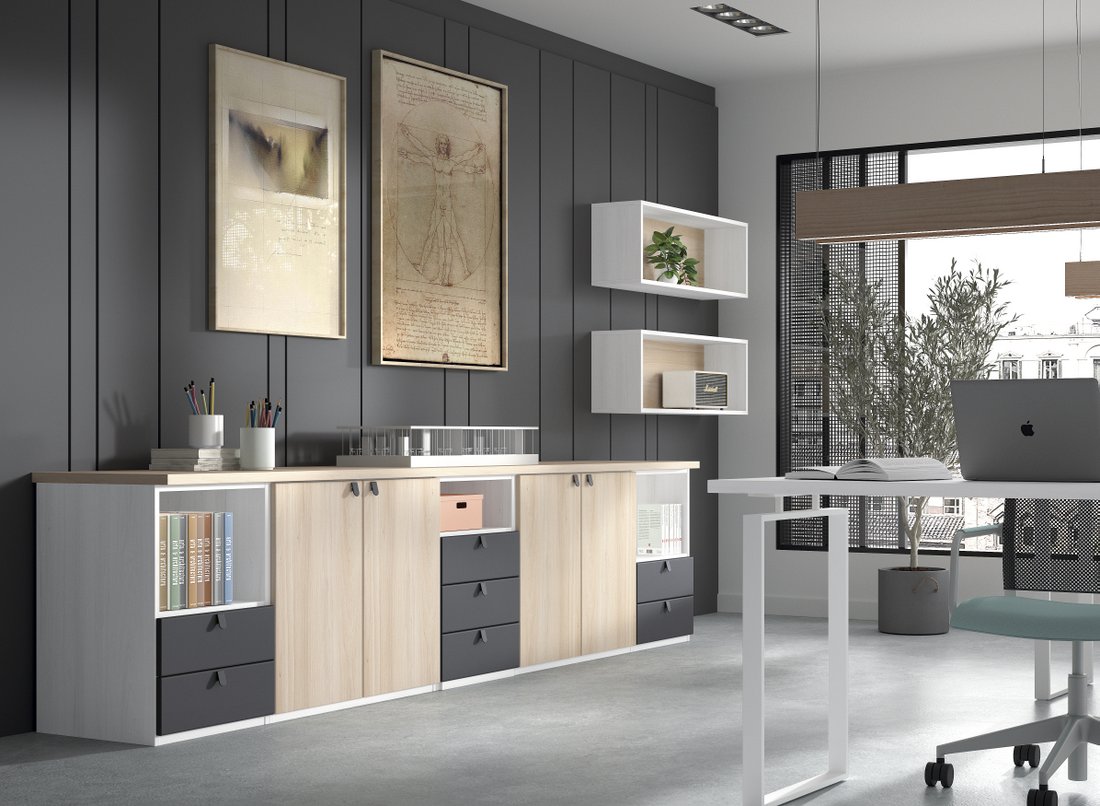 Mueble auxiliar de oficina con armarios, cajones y módulos abiertos