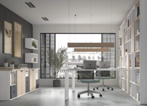 Oficina en casa con dos puestos de trabajo, gran librería y mueble auxiliar