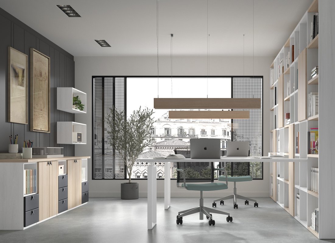 Oficina en casa con dos puestos de trabajo, gran librería y mueble auxiliar