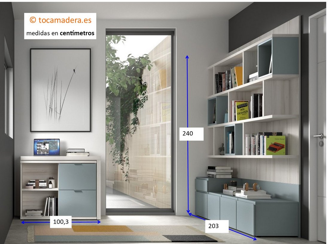 Medidas de los muebles para teletrabajo con mesa giratoria y librería