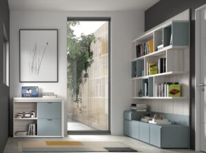 Muebles para teletrabajo en casa con mesa giratoria recogida y librería