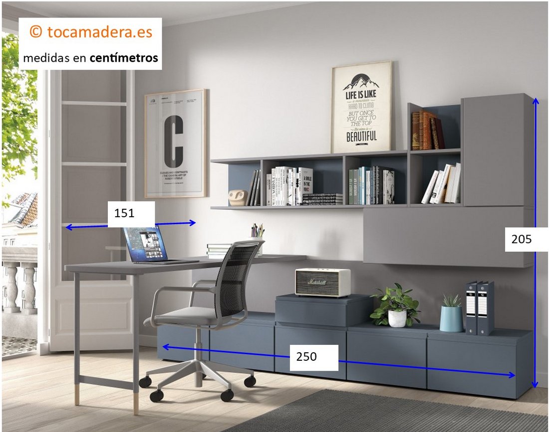 trabajo-estudio.jpg Medidas de la zona de trabajo con escritorio de 151 cm y muebles de almacenaje