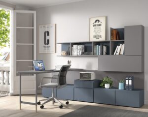 Zona de trabajo o estudio en casa con escritorio y almacenaje modular
